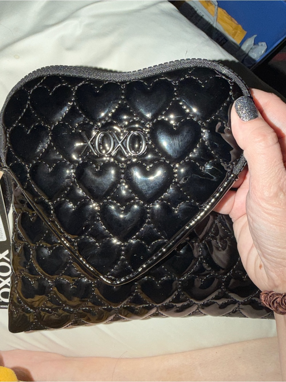 XOXO 2-piece Black Patent Quilted Heart & large clutch Pouch. Stuffed w/goodies